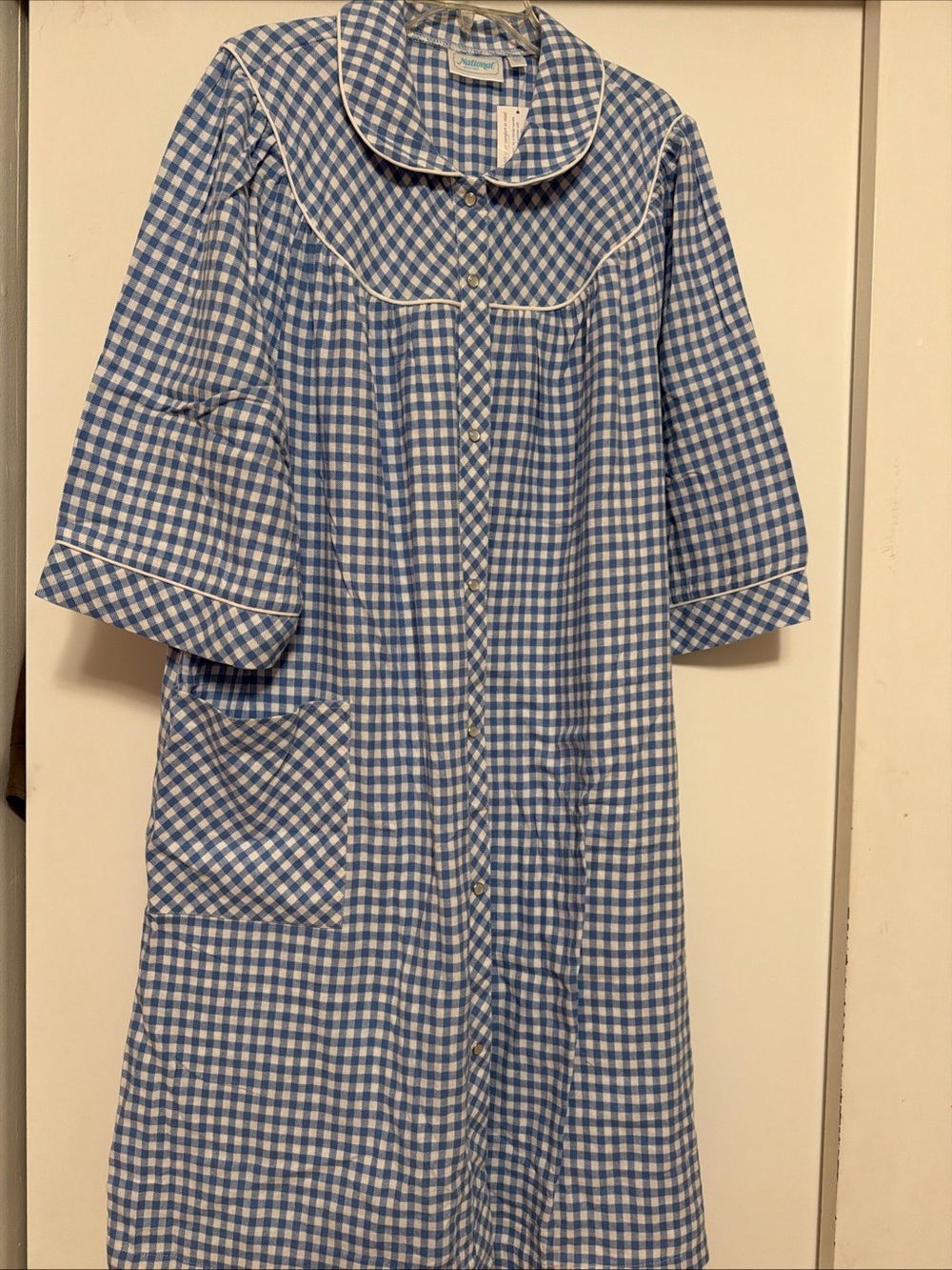 Blue Gingham Women's Robe with Contrast Piping